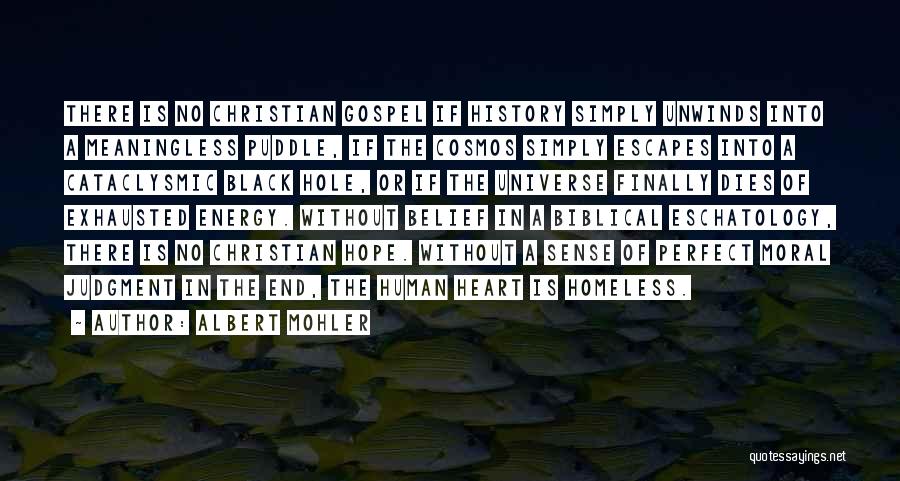 Albert Mohler Quotes: There Is No Christian Gospel If History Simply Unwinds Into A Meaningless Puddle, If The Cosmos Simply Escapes Into A