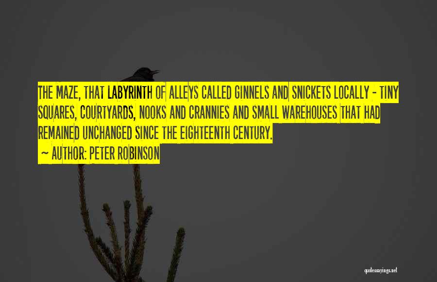 Peter Robinson Quotes: The Maze, That Labyrinth Of Alleys Called Ginnels And Snickets Locally - Tiny Squares, Courtyards, Nooks And Crannies And Small
