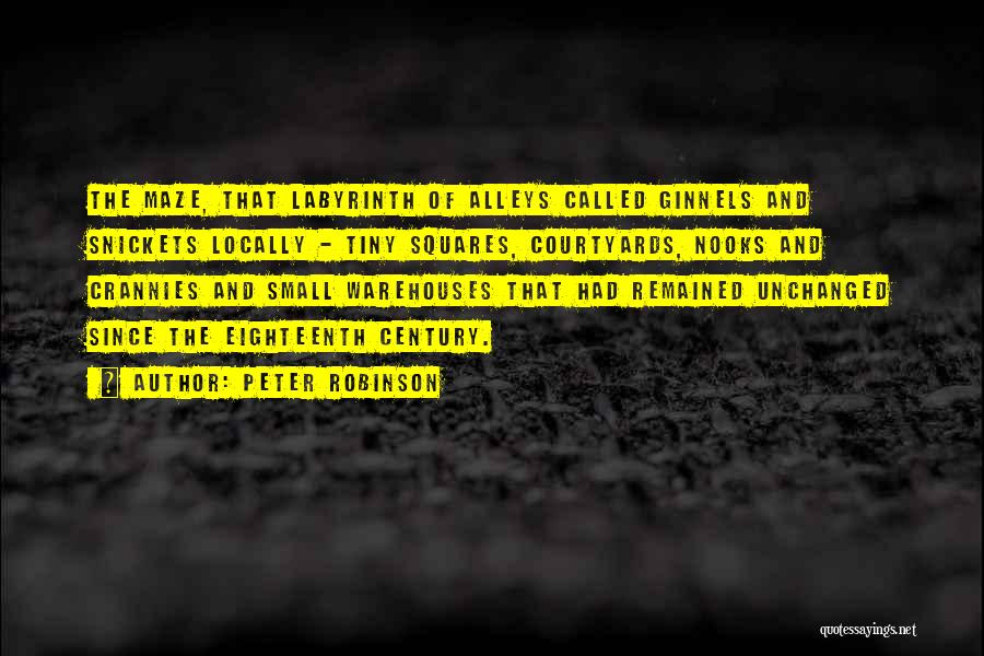 Peter Robinson Quotes: The Maze, That Labyrinth Of Alleys Called Ginnels And Snickets Locally - Tiny Squares, Courtyards, Nooks And Crannies And Small