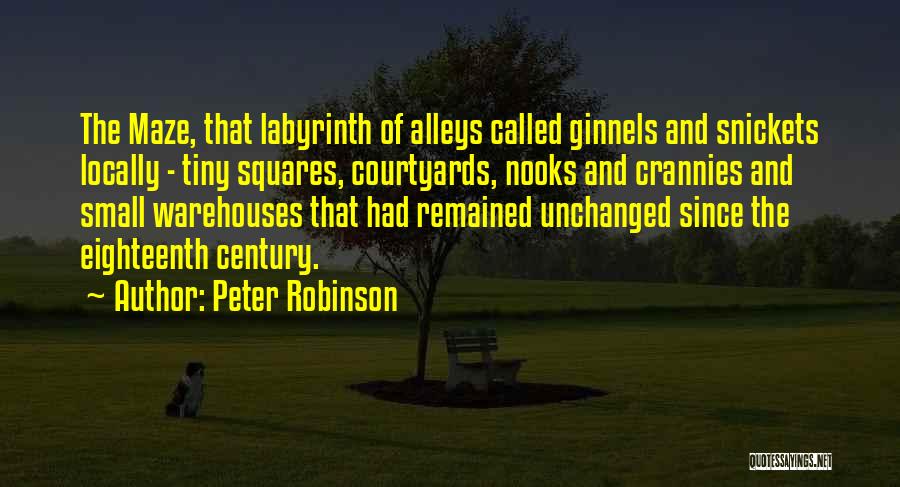 Peter Robinson Quotes: The Maze, That Labyrinth Of Alleys Called Ginnels And Snickets Locally - Tiny Squares, Courtyards, Nooks And Crannies And Small