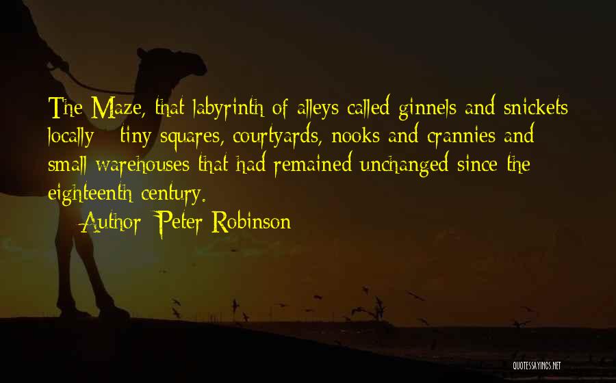 Peter Robinson Quotes: The Maze, That Labyrinth Of Alleys Called Ginnels And Snickets Locally - Tiny Squares, Courtyards, Nooks And Crannies And Small