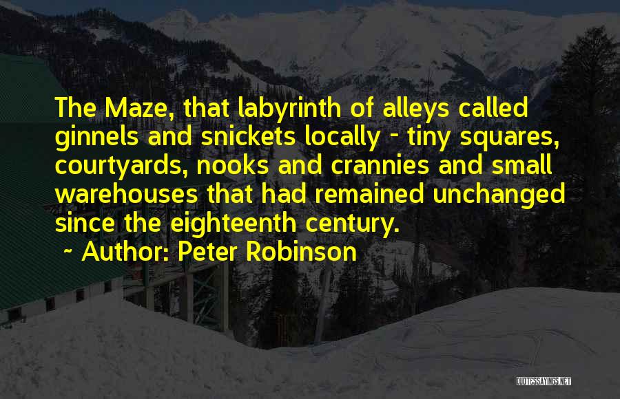 Peter Robinson Quotes: The Maze, That Labyrinth Of Alleys Called Ginnels And Snickets Locally - Tiny Squares, Courtyards, Nooks And Crannies And Small