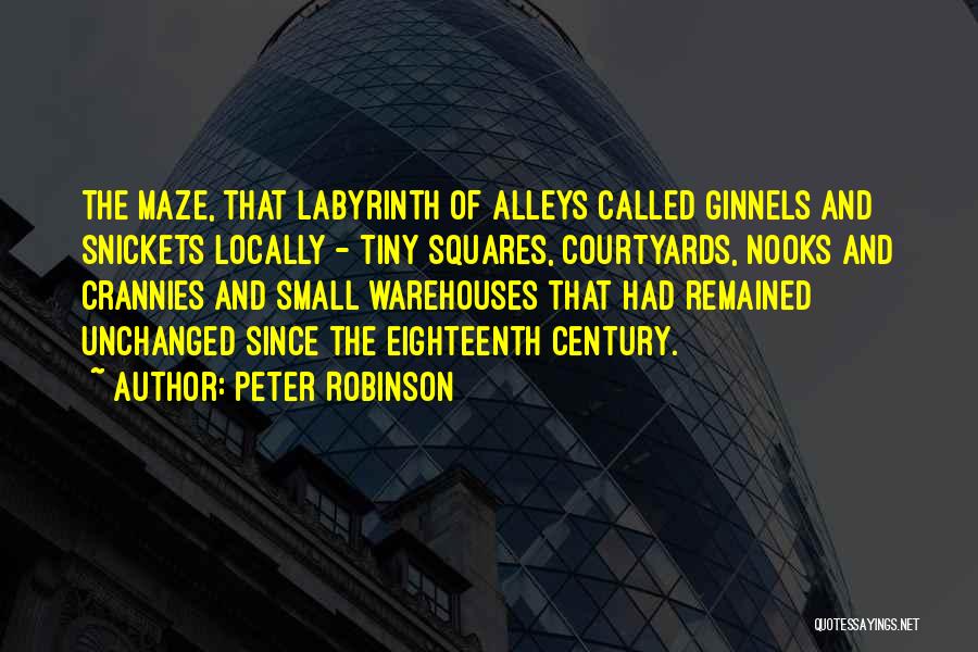 Peter Robinson Quotes: The Maze, That Labyrinth Of Alleys Called Ginnels And Snickets Locally - Tiny Squares, Courtyards, Nooks And Crannies And Small