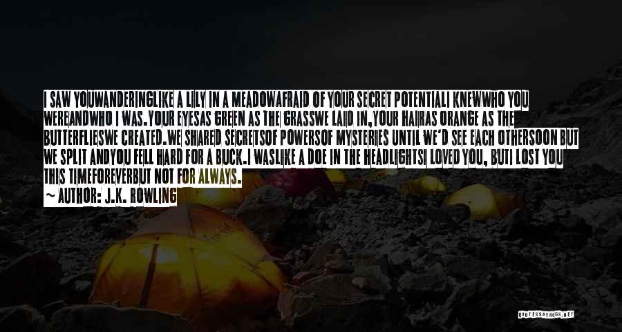 J.K. Rowling Quotes: I Saw Youwanderinglike A Lily In A Meadowafraid Of Your Secret Potentiali Knewwho You Wereandwho I Was.your Eyesas Green As