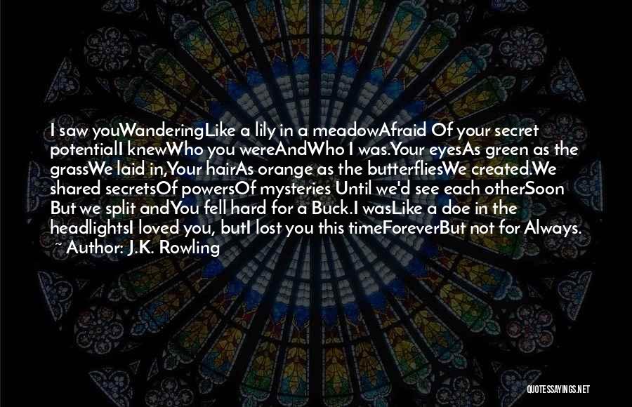 J.K. Rowling Quotes: I Saw Youwanderinglike A Lily In A Meadowafraid Of Your Secret Potentiali Knewwho You Wereandwho I Was.your Eyesas Green As