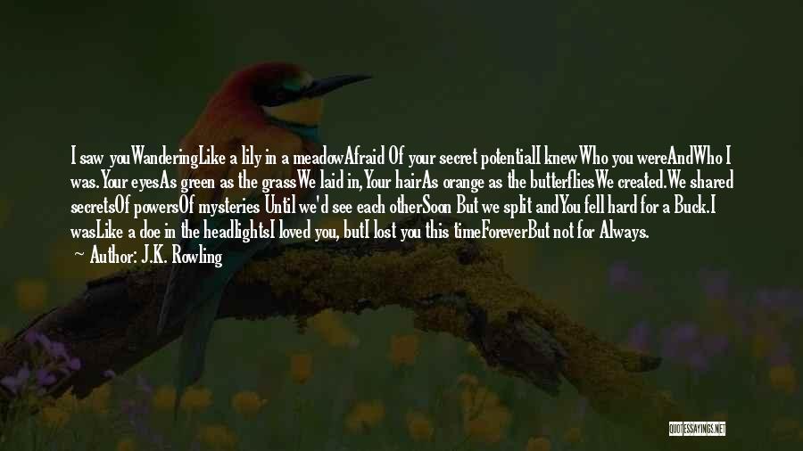 J.K. Rowling Quotes: I Saw Youwanderinglike A Lily In A Meadowafraid Of Your Secret Potentiali Knewwho You Wereandwho I Was.your Eyesas Green As