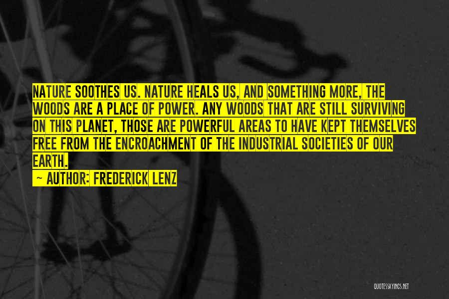 Frederick Lenz Quotes: Nature Soothes Us. Nature Heals Us, And Something More, The Woods Are A Place Of Power. Any Woods That Are