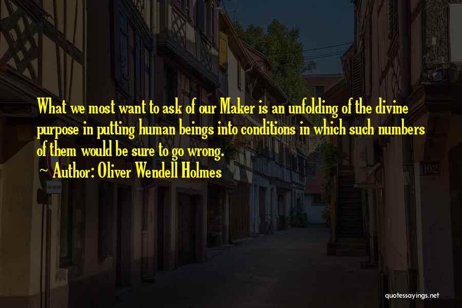 Oliver Wendell Holmes Quotes: What We Most Want To Ask Of Our Maker Is An Unfolding Of The Divine Purpose In Putting Human Beings