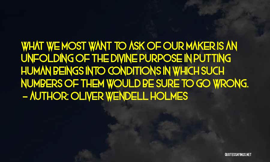 Oliver Wendell Holmes Quotes: What We Most Want To Ask Of Our Maker Is An Unfolding Of The Divine Purpose In Putting Human Beings