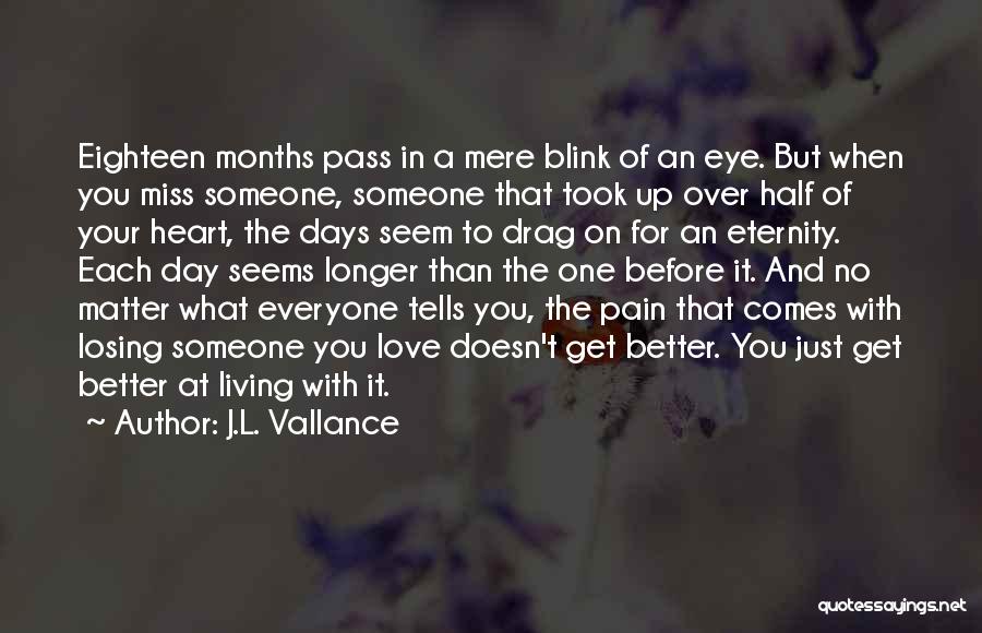 J.L. Vallance Quotes: Eighteen Months Pass In A Mere Blink Of An Eye. But When You Miss Someone, Someone That Took Up Over