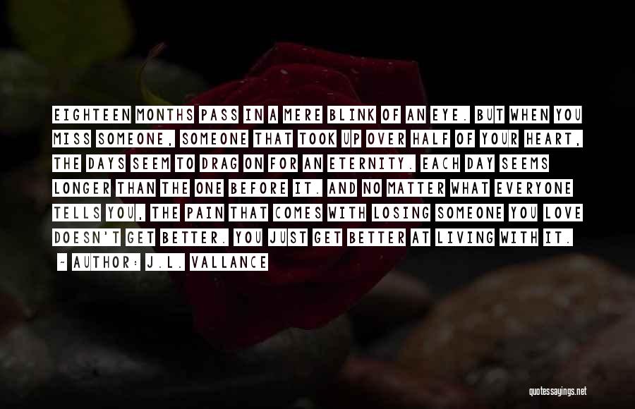 J.L. Vallance Quotes: Eighteen Months Pass In A Mere Blink Of An Eye. But When You Miss Someone, Someone That Took Up Over