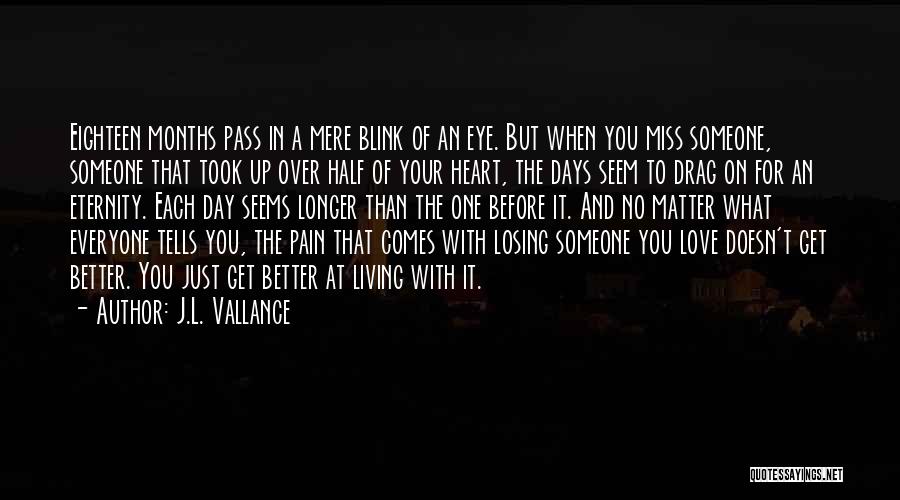 J.L. Vallance Quotes: Eighteen Months Pass In A Mere Blink Of An Eye. But When You Miss Someone, Someone That Took Up Over