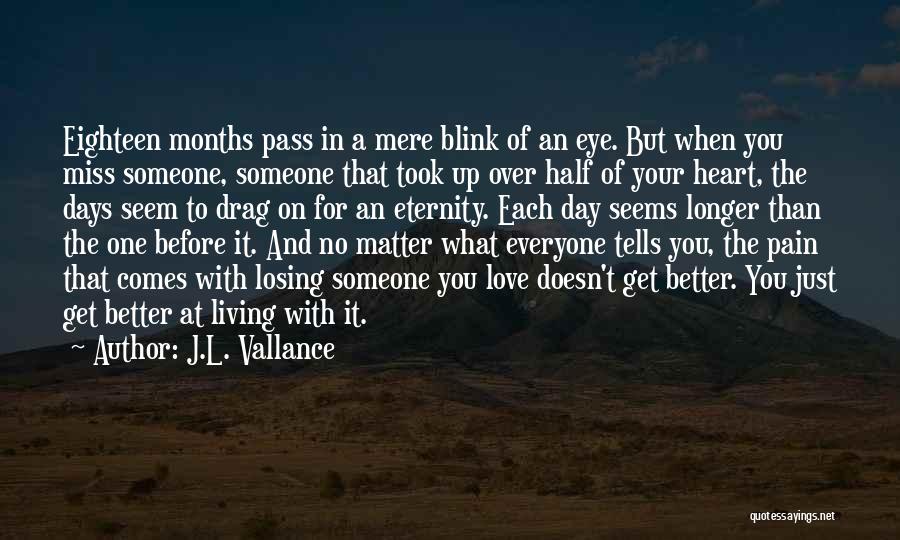 J.L. Vallance Quotes: Eighteen Months Pass In A Mere Blink Of An Eye. But When You Miss Someone, Someone That Took Up Over