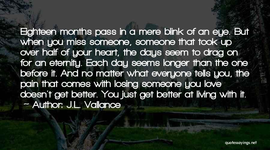 J.L. Vallance Quotes: Eighteen Months Pass In A Mere Blink Of An Eye. But When You Miss Someone, Someone That Took Up Over