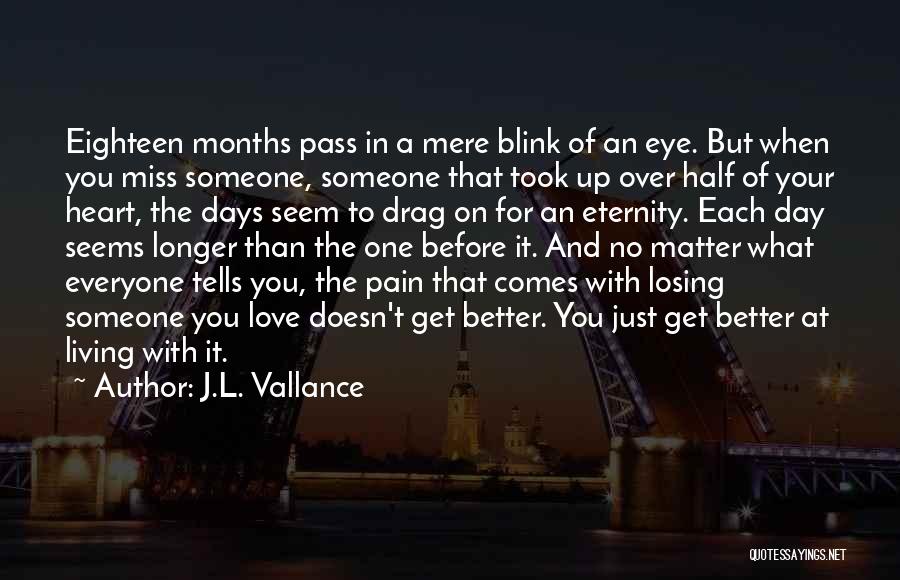 J.L. Vallance Quotes: Eighteen Months Pass In A Mere Blink Of An Eye. But When You Miss Someone, Someone That Took Up Over