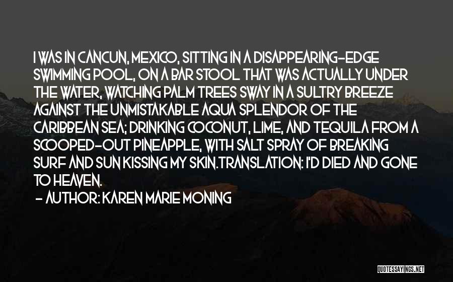 Karen Marie Moning Quotes: I Was In Cancun, Mexico, Sitting In A Disappearing-edge Swimming Pool, On A Bar Stool That Was Actually Under The