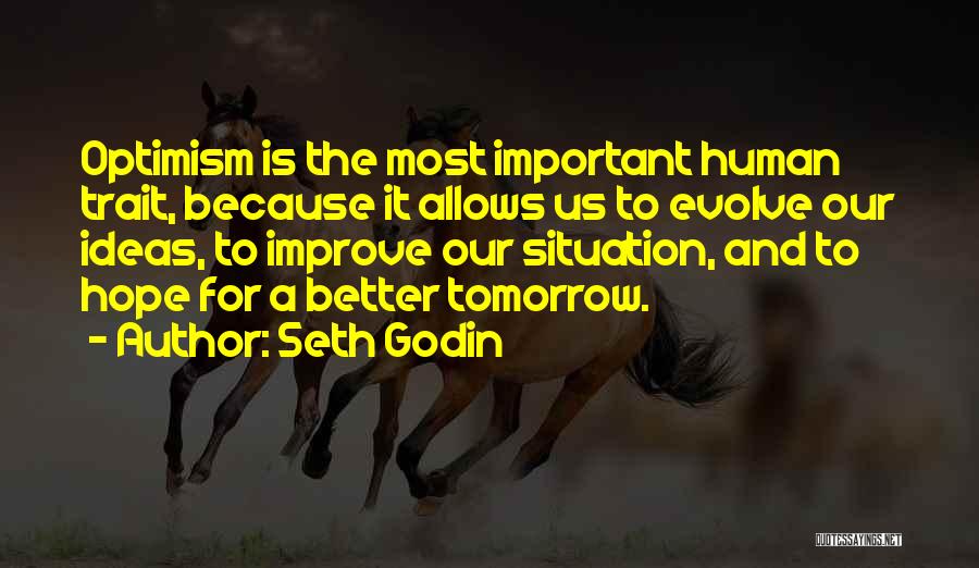 Seth Godin Quotes: Optimism Is The Most Important Human Trait, Because It Allows Us To Evolve Our Ideas, To Improve Our Situation, And