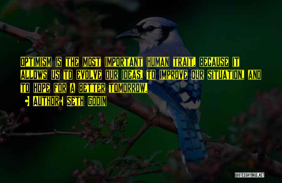 Seth Godin Quotes: Optimism Is The Most Important Human Trait, Because It Allows Us To Evolve Our Ideas, To Improve Our Situation, And