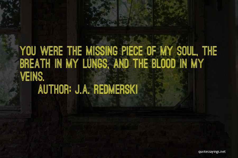 J.A. Redmerski Quotes: You Were The Missing Piece Of My Soul, The Breath In My Lungs, And The Blood In My Veins.