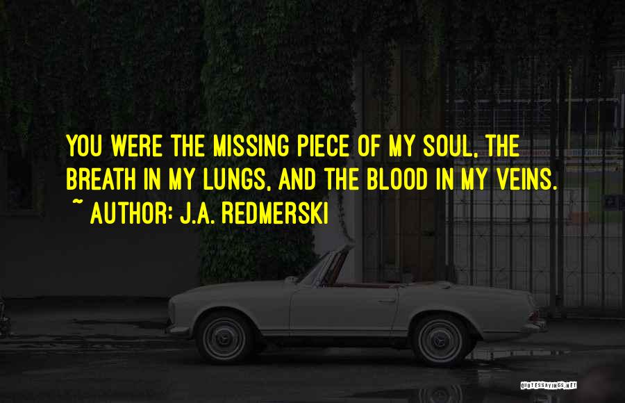 J.A. Redmerski Quotes: You Were The Missing Piece Of My Soul, The Breath In My Lungs, And The Blood In My Veins.