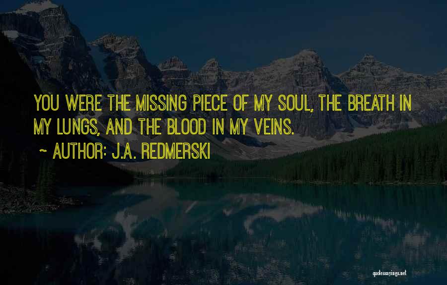 J.A. Redmerski Quotes: You Were The Missing Piece Of My Soul, The Breath In My Lungs, And The Blood In My Veins.