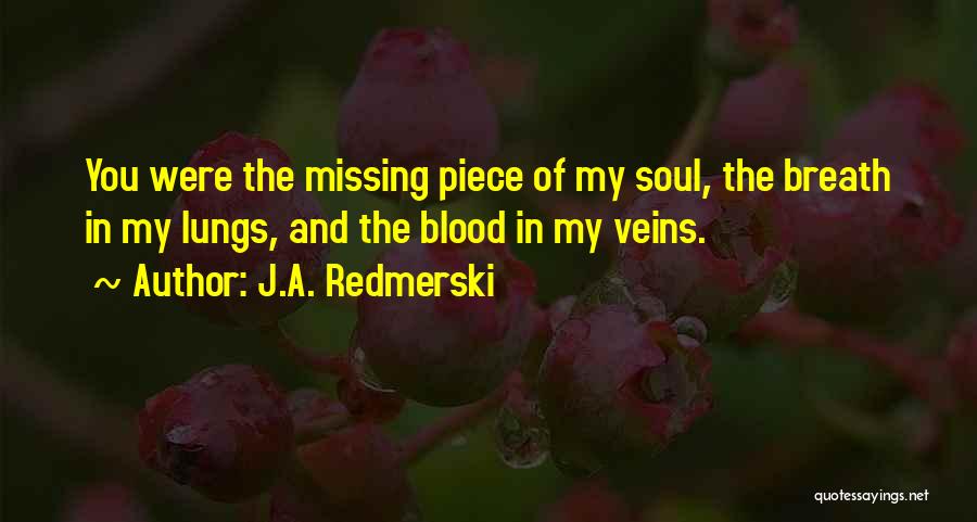 J.A. Redmerski Quotes: You Were The Missing Piece Of My Soul, The Breath In My Lungs, And The Blood In My Veins.