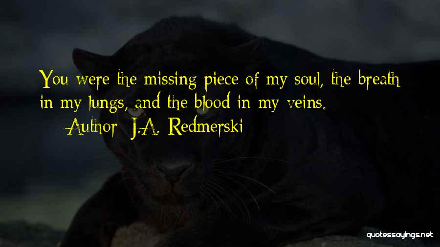 J.A. Redmerski Quotes: You Were The Missing Piece Of My Soul, The Breath In My Lungs, And The Blood In My Veins.