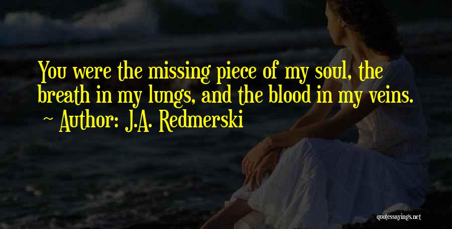 J.A. Redmerski Quotes: You Were The Missing Piece Of My Soul, The Breath In My Lungs, And The Blood In My Veins.