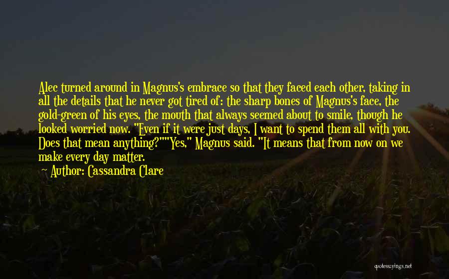Cassandra Clare Quotes: Alec Turned Around In Magnus's Embrace So That They Faced Each Other, Taking In All The Details That He Never