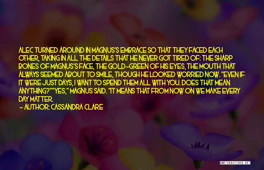 Cassandra Clare Quotes: Alec Turned Around In Magnus's Embrace So That They Faced Each Other, Taking In All The Details That He Never