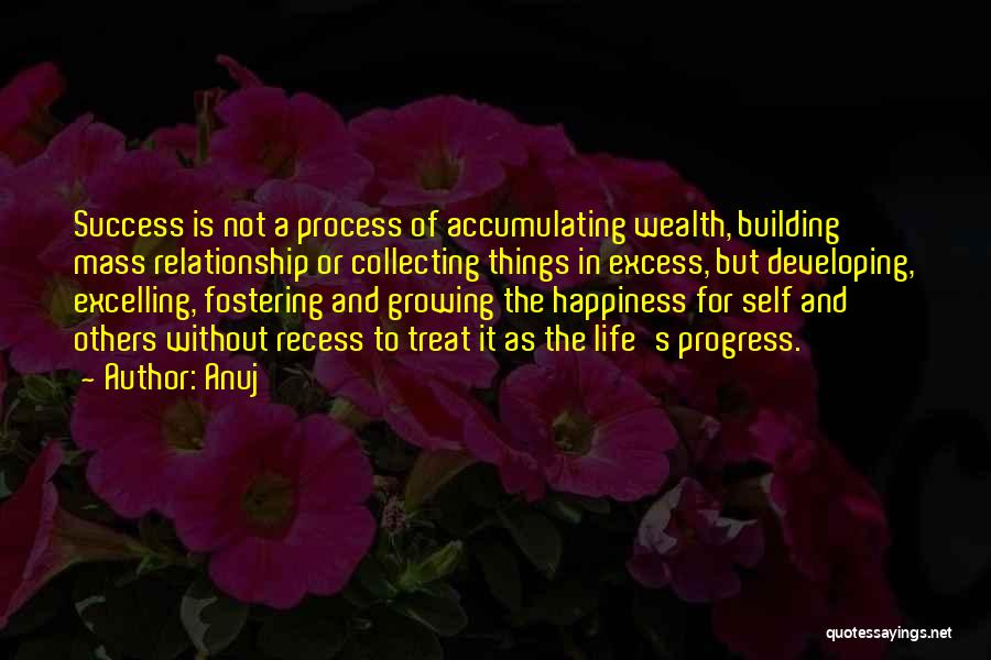 Anuj Quotes: Success Is Not A Process Of Accumulating Wealth, Building Mass Relationship Or Collecting Things In Excess, But Developing, Excelling, Fostering