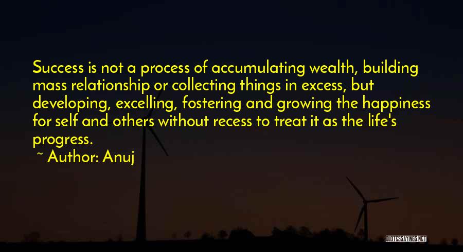 Anuj Quotes: Success Is Not A Process Of Accumulating Wealth, Building Mass Relationship Or Collecting Things In Excess, But Developing, Excelling, Fostering