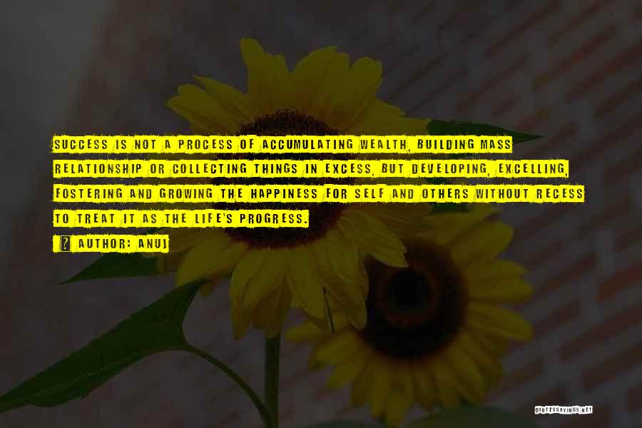 Anuj Quotes: Success Is Not A Process Of Accumulating Wealth, Building Mass Relationship Or Collecting Things In Excess, But Developing, Excelling, Fostering