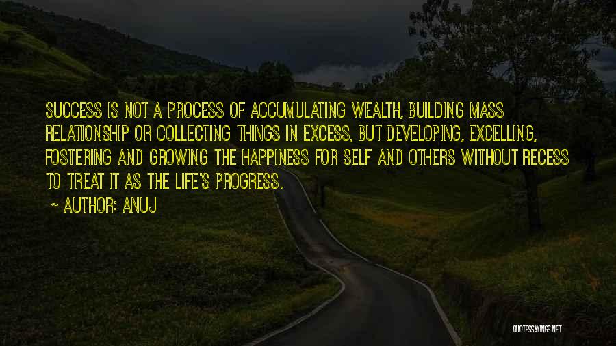 Anuj Quotes: Success Is Not A Process Of Accumulating Wealth, Building Mass Relationship Or Collecting Things In Excess, But Developing, Excelling, Fostering