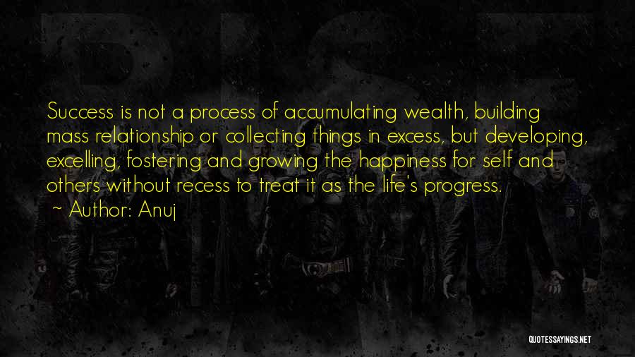 Anuj Quotes: Success Is Not A Process Of Accumulating Wealth, Building Mass Relationship Or Collecting Things In Excess, But Developing, Excelling, Fostering
