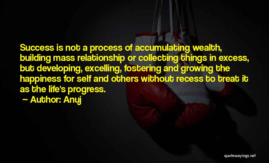 Anuj Quotes: Success Is Not A Process Of Accumulating Wealth, Building Mass Relationship Or Collecting Things In Excess, But Developing, Excelling, Fostering