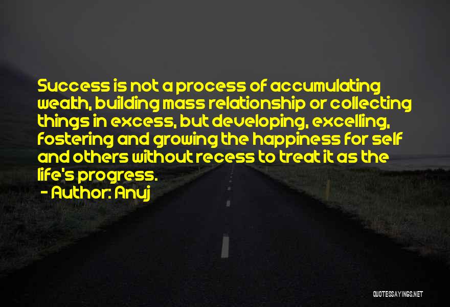 Anuj Quotes: Success Is Not A Process Of Accumulating Wealth, Building Mass Relationship Or Collecting Things In Excess, But Developing, Excelling, Fostering