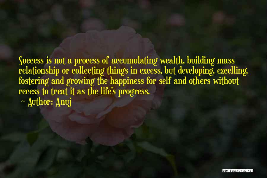 Anuj Quotes: Success Is Not A Process Of Accumulating Wealth, Building Mass Relationship Or Collecting Things In Excess, But Developing, Excelling, Fostering