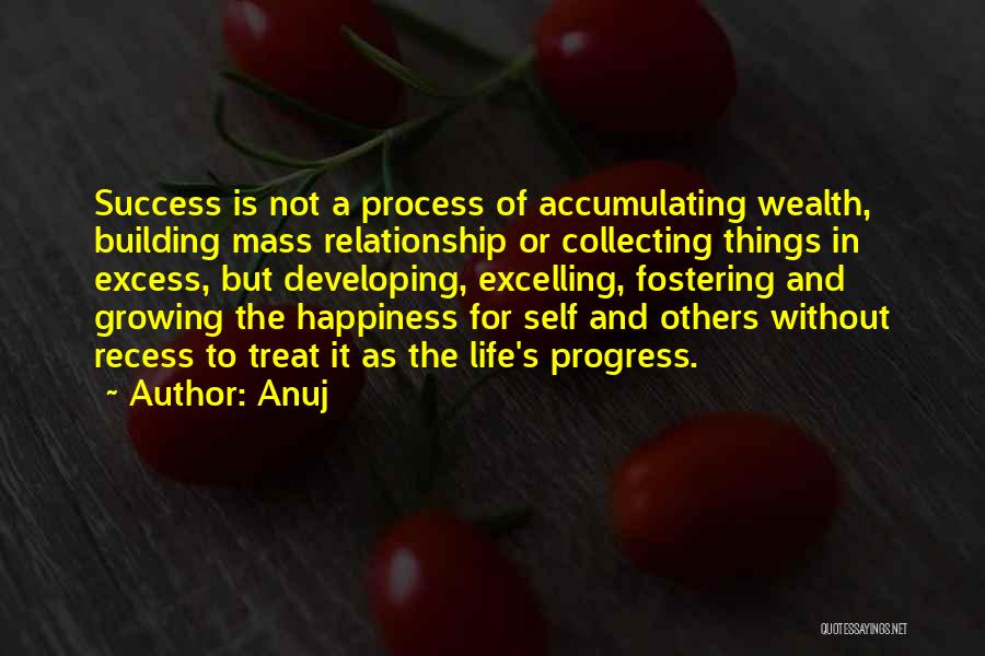 Anuj Quotes: Success Is Not A Process Of Accumulating Wealth, Building Mass Relationship Or Collecting Things In Excess, But Developing, Excelling, Fostering