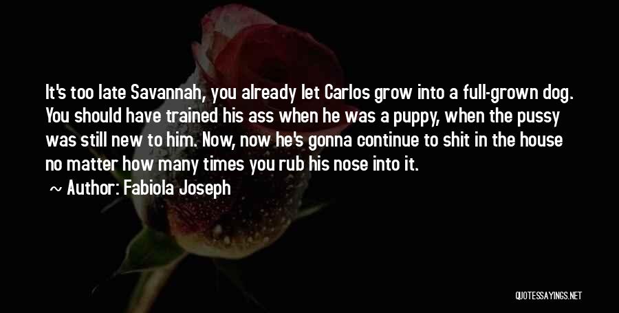 Fabiola Joseph Quotes: It's Too Late Savannah, You Already Let Carlos Grow Into A Full-grown Dog. You Should Have Trained His Ass When