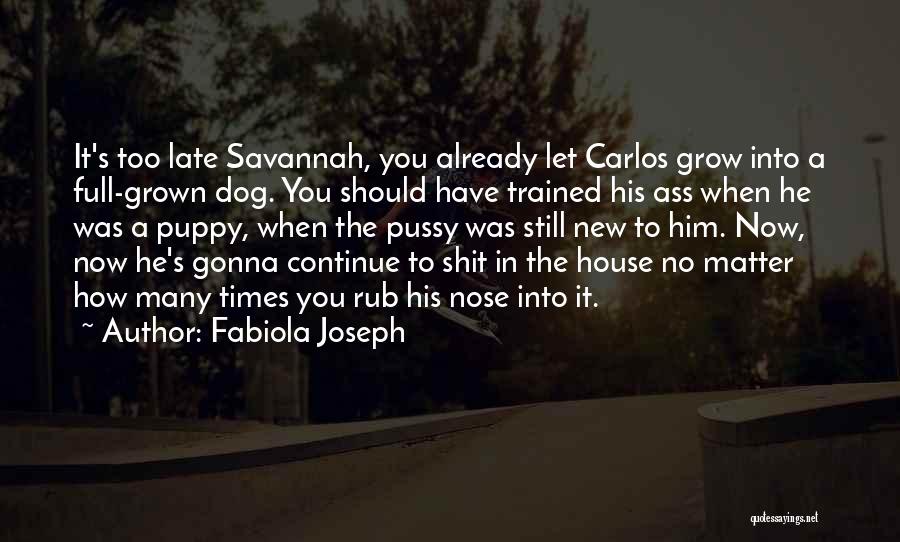 Fabiola Joseph Quotes: It's Too Late Savannah, You Already Let Carlos Grow Into A Full-grown Dog. You Should Have Trained His Ass When