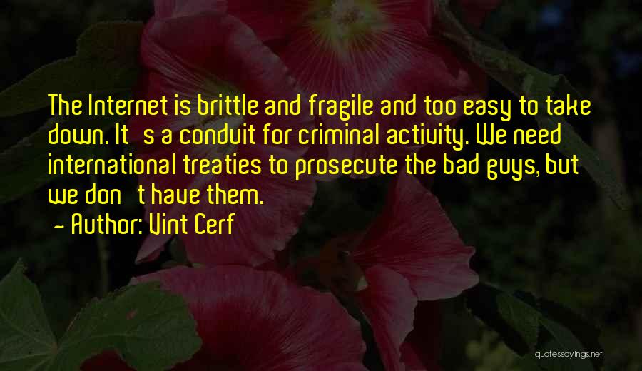 Vint Cerf Quotes: The Internet Is Brittle And Fragile And Too Easy To Take Down. It's A Conduit For Criminal Activity. We Need