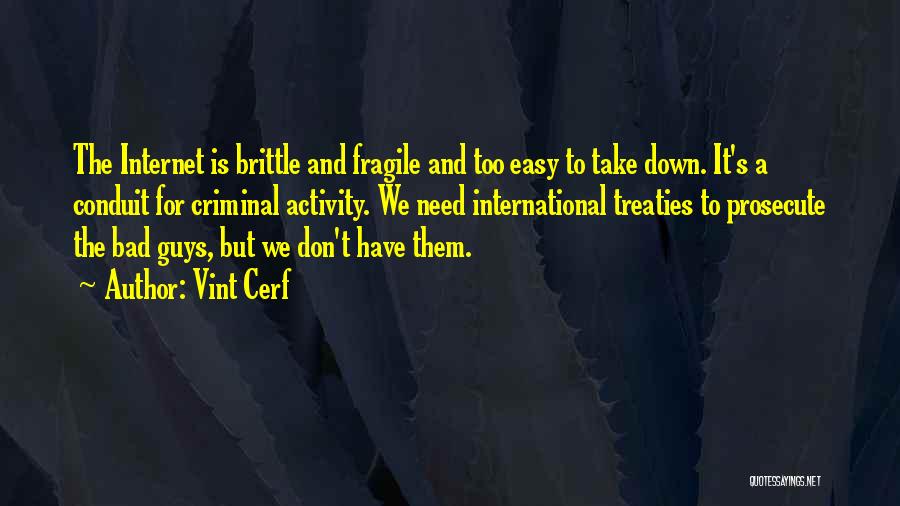 Vint Cerf Quotes: The Internet Is Brittle And Fragile And Too Easy To Take Down. It's A Conduit For Criminal Activity. We Need