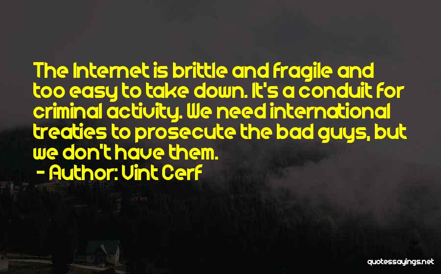 Vint Cerf Quotes: The Internet Is Brittle And Fragile And Too Easy To Take Down. It's A Conduit For Criminal Activity. We Need