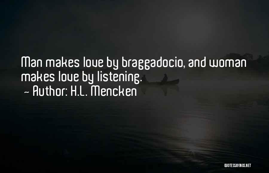 H.L. Mencken Quotes: Man Makes Love By Braggadocio, And Woman Makes Love By Listening.