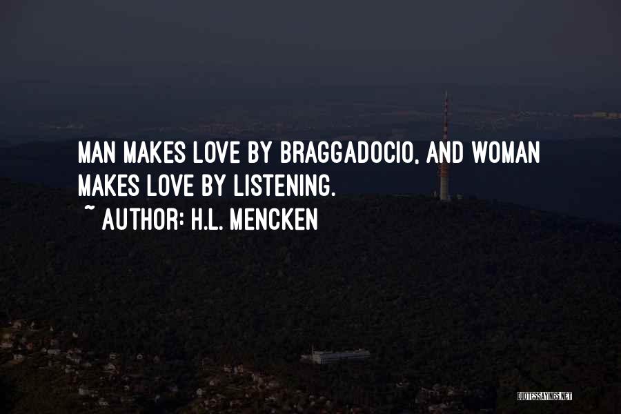 H.L. Mencken Quotes: Man Makes Love By Braggadocio, And Woman Makes Love By Listening.