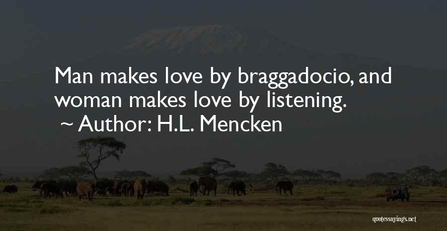 H.L. Mencken Quotes: Man Makes Love By Braggadocio, And Woman Makes Love By Listening.