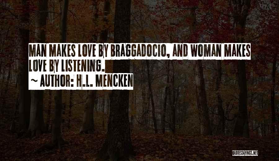 H.L. Mencken Quotes: Man Makes Love By Braggadocio, And Woman Makes Love By Listening.