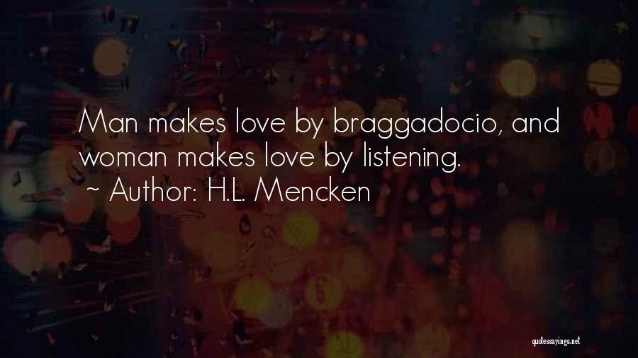 H.L. Mencken Quotes: Man Makes Love By Braggadocio, And Woman Makes Love By Listening.