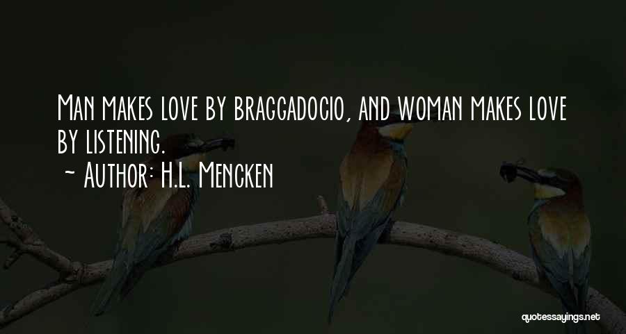 H.L. Mencken Quotes: Man Makes Love By Braggadocio, And Woman Makes Love By Listening.
